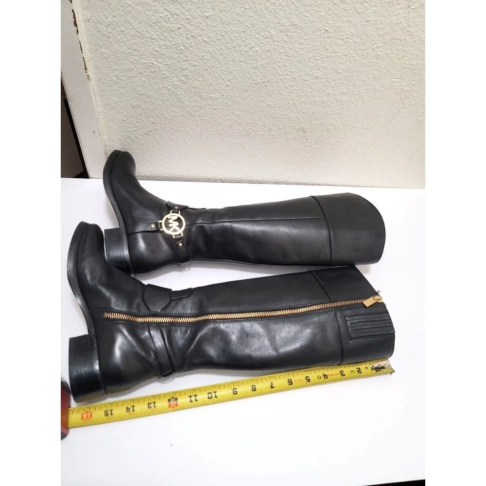 Michael Kors Womens Black Leather Knee-High Riding Boots With Gold MK Logo & Sid